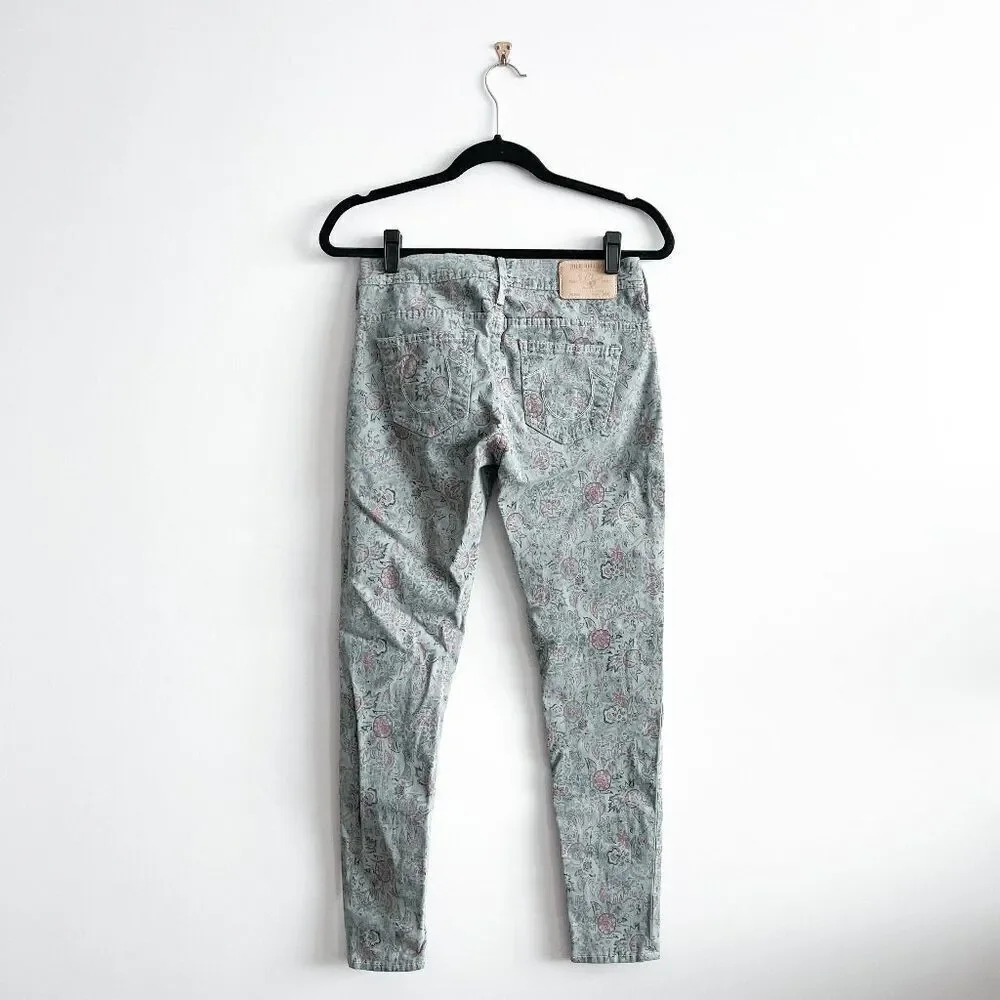 Women's Printed Slim Jeans - Light Gray with Pink Paisley - Picture 2 of 10